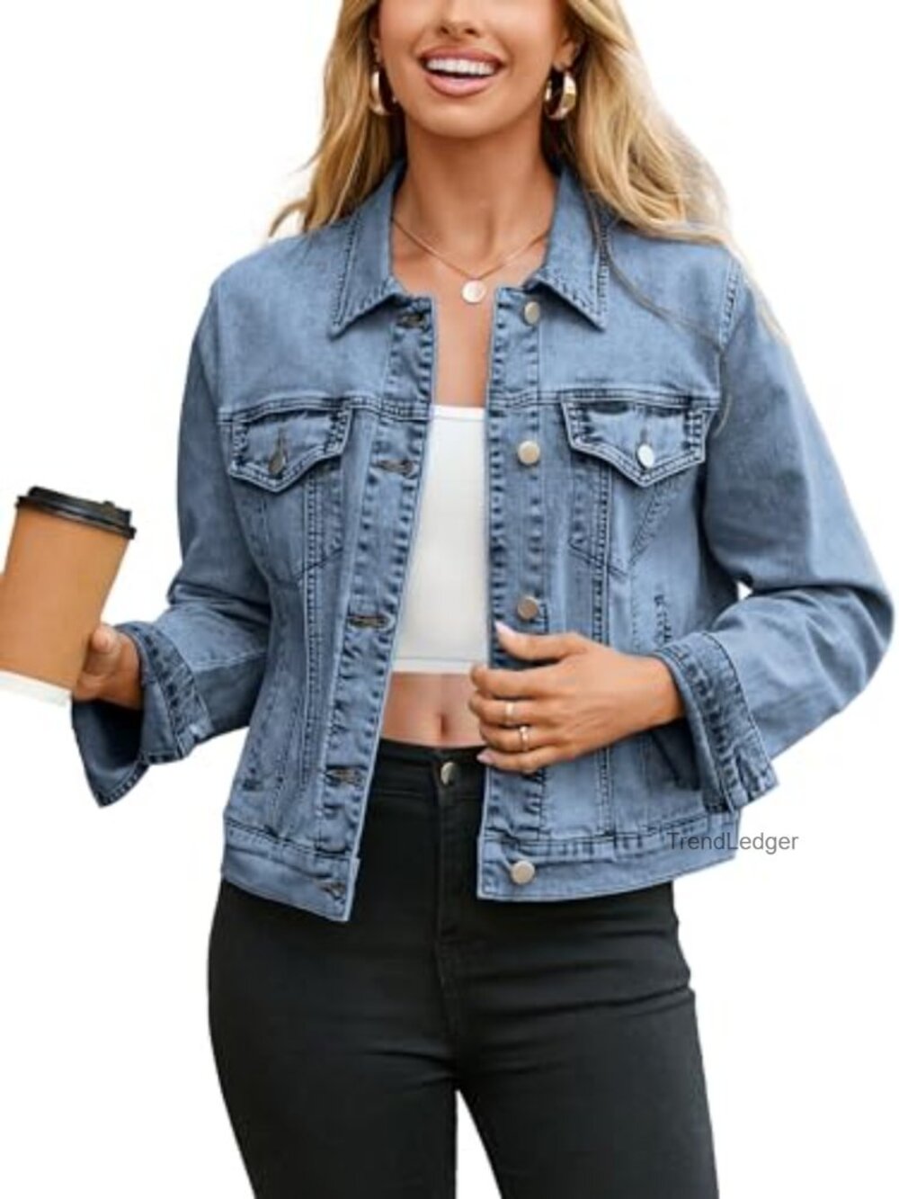 Womens Denim Jacket Long Sleeve Button Down Fitted Western Jean Coat